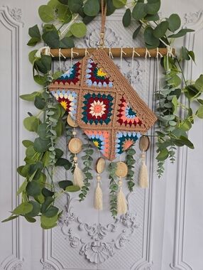 Colorful Tan Boho Colorful Crochet Granny Square Clutch Purse